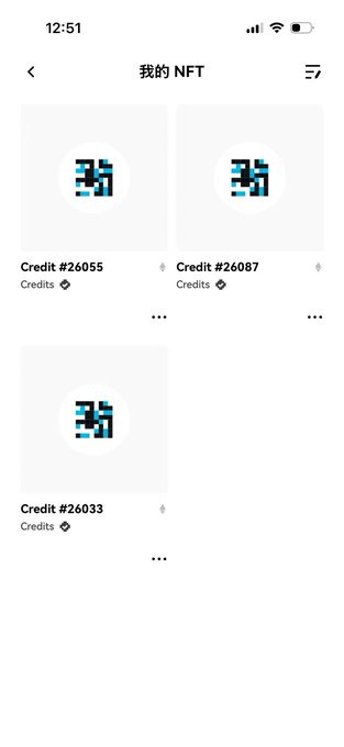 A screenshot of a mobile app showing a 'My NFT' (我的 NFT) page with three digital credit items labeled Credit #26055, Credit #26087, and Credit #26033.