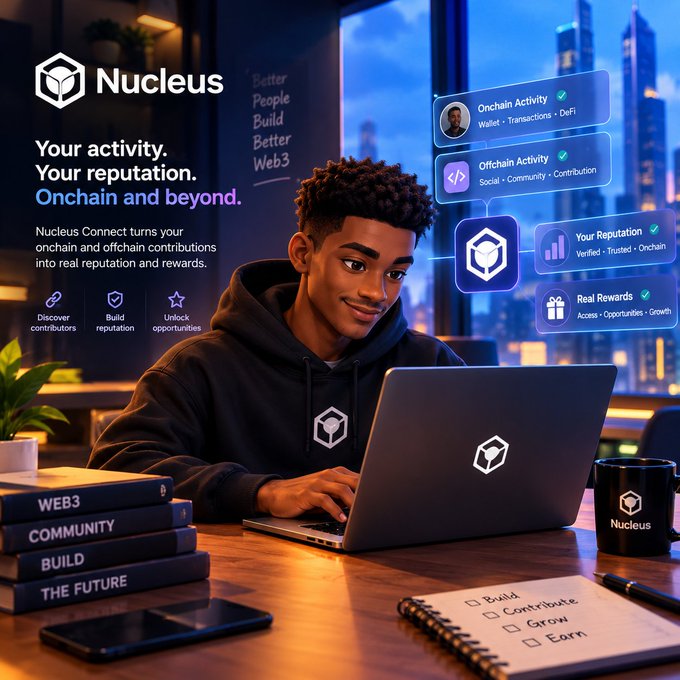 Promotional image for 'Nucleus' featuring a young man at a laptop, with the tagline 'Your activity. Your reputation. Onchain and beyond' and feature highlights including Onchain Activity, Offchain Activity, Your Reputation, and Real Rewards.