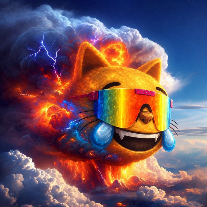 A humorous edited image showing a floating cat head with rainbow goggles, fangs, and tears, merged with an explosive volcanic eruption cloud.