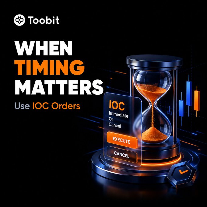 The image is a Toobit promotional graphic featuring an hourglass filled with orange sand alongside a digital interface displaying "IOC - Immediate Or Cancel" with Execute and Cancel buttons, visually reinforcing the time-sensitive nature of Immediate or Cancel orders described in the post. The text "WHEN TIMING MATTERS - Use IOC Orders" emphasizes the core message about executing orders instantly while automatically canceling unfilled portions.