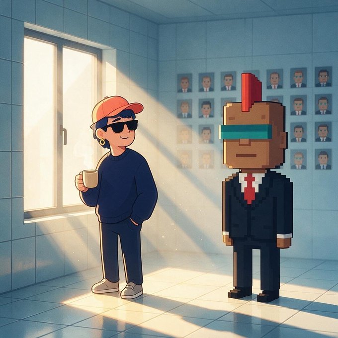 A stylized illustration shows a cool-looking person in a red cap, sunglasses, and blue sweater holding a coffee mug next to a large pixelated character in a suit with a red tie, set in a tiled room with portraits on the wall.
