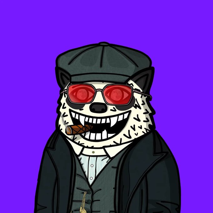 A cartoon illustration of a white dog or wolf wearing a black newsboy cap, red-tinted sunglasses, and a black suit with a vest, holding a lit cigar in its mouth against a purple background.