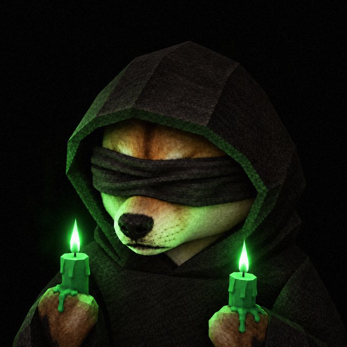 A 3D rendered dog character wearing a dark hood and a black blindfold holds two candles emitting bright green flames against a dark background.