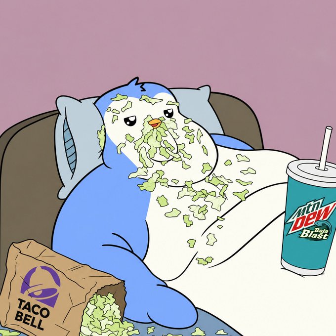 A cartoon illustration of a sickly blue penguin covered in green chunks lying in bed next to a Taco Bell bag and a Baja Blast Mountain Dew cup.