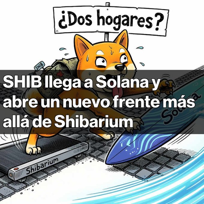 Cartoon illustration of a Shiba Inu dog jumping between two phones labeled 'Shibarium' and 'Solana', with the Spanish text 'SHIB llega a Solana y abre un nuevo frente más allá de Shibarium' and a sign reading '¿Dos hogares?'.