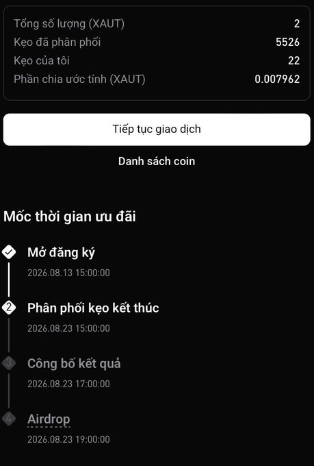 A Vietnamese cryptocurrency interface showing XAUT token details: total supply 2, total lottery 5526, my lottery 22, estimated share 0.007962, with a timeline including 'Mở đăng ký' (2026.08.13 15:00:00), 'Phân phối kèo kết thúc' (2026.08.23 15:00:00), 'Công bố kết quả' (2026.08.23 17:00:00), and 'Airdrop' (2026.08.23 19:00:00).