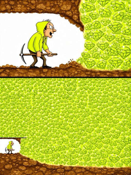 A lone miner with a pickaxe stands before a small cluster of green gems in a cave, while the panel below shows him dwarfed by a massive wall of the same gems—capturing the irony of being early to a gold rush only for the "jeets" to flood in and saturate the chain with abundance.