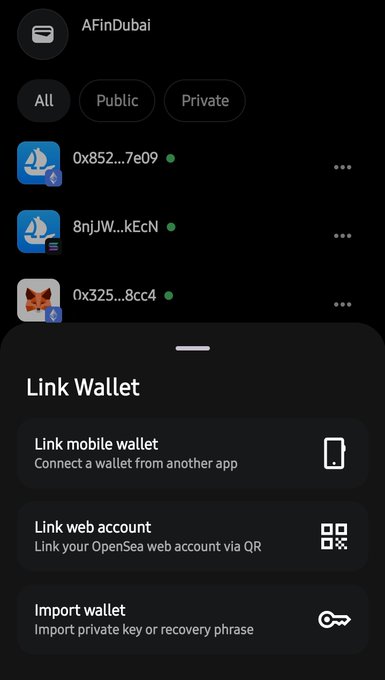 A mobile app screenshot of 'AFinDubai' showing wallet options with a bottom sheet menu offering 'Link mobile wallet,' 'Link web account' (via QR), and 'Import wallet.'