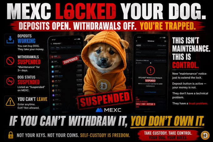 The image is a protest-style graphic against the MEXC crypto exchange, accusing it of holding users' DOG tokens hostage by keeping deposits open while suspending withdrawals and labeling the dog asset as "Suspended" for over 3+ days, despite a working "BUY DOG" deposit button — visually reinforcing the caption's "not your keys, not your DOG" message.