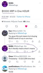 A blurry screenshot of a tweet from user @BABA_SellingClub claims "$1000 XRP in One Hour" at 6:22 AM on 5/3/22, with one quoted reply from "XrP_Swinger" asserting they bought $1,000 worth of XRP and expect "$1,000,000" returns. The image's promise of rapid, life-changing XRP gains directly prompts the post's question about how a viewer would react to seeing that price appear overnight.