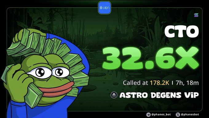 A promotional image for a crypto token 'CTO' showing a 32.6X gain called at 178.2K, featuring a green Pepe-style fish meme character and mentioning ASTRO DEGENS VIP, with handles @phanes_bot.