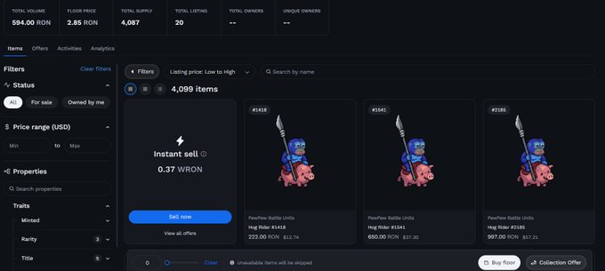 A digital marketplace interface displaying 4,099 items for sale, including pixel-style Pikaflow Battle Units NFT characters with various RON price listings.