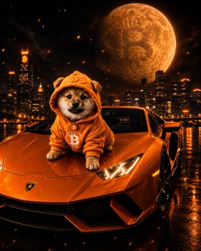 A digital artwork of a Shiba Inu dog wearing an orange hoodie with a 'B' logo, resting on the hood of an orange Lamborghini against a city skyline backdrop with a large full moon.