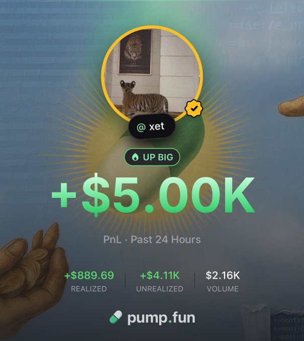 A user profile card from pump.fun displays the username "xet" with a verified checkmark, showing impressive gains of +$5.00K PnL over the past 24 hours, broken down into +$889.69 realized and +$4.11K unrealized profit with $2.16K volume. The image celebrates the user's newly verified status on the platform, highlighting their profitable trading performance with the green "UP BIG" indicator and an avocado-themed background.