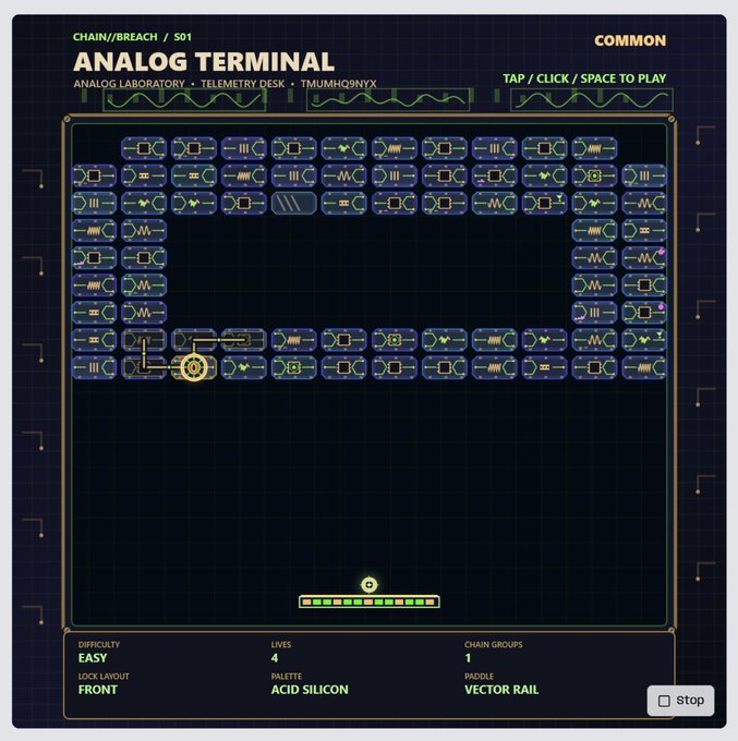 Screenshot of the puzzle game 'ANALOG TERMINAL' showing a Chain/Breach level with a complex circuit-like layout on a dark grid, displaying difficulty EASY, 4 lives, and palette ACID SILICON.