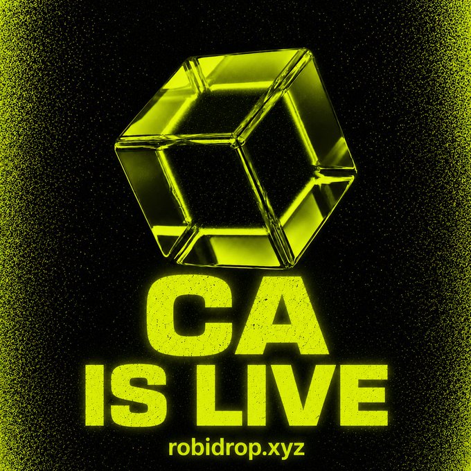 A neon green 3D wireframe hexagonal logo sits above bold "CA IS LIVE" text and the URL "robidrop.xyz" against a black background, announcing that the contract address for the ponsdotfamily migration is available for trading.