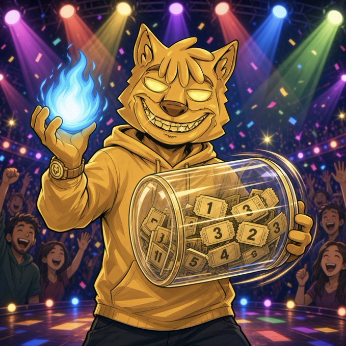 A cartoon illustration of an anthropomorphic cat-like character in a yellow hoodie holding blue flames in one hand and a glass jar of lottery tickets with numbers in the other, standing on a stage with a cheering crowd.