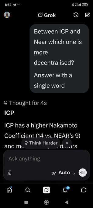 A mobile screenshot of the Grok AI app showing a Q&A where the user asks which between ICP and Near is more decentralized, with Grok answering 'ICP' and citing Nakamoto Coefficient.