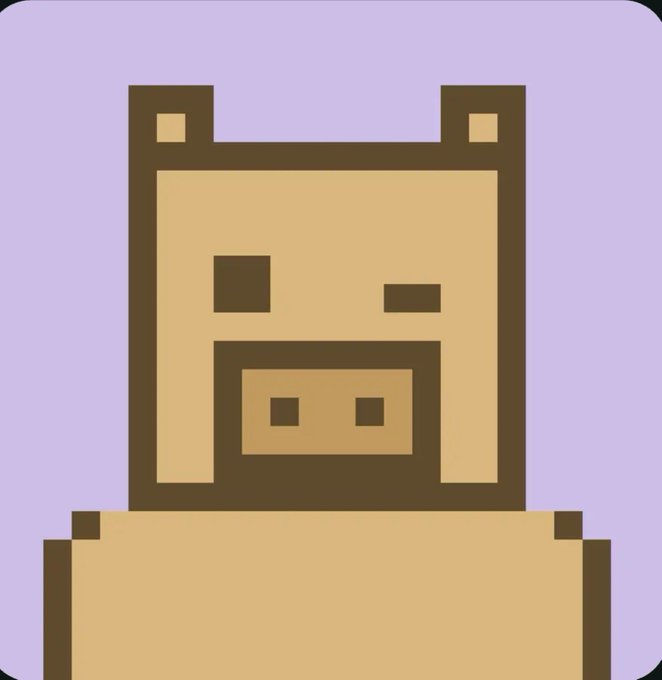 Pixel art illustration of a beige and brown cow or pig-like animal character against a light purple background.