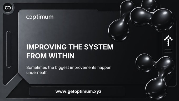 The image shows an advertisement for Optimum that focuses on improving the system from within. The text "Optimum" is displayed at the top of the image, while the website "www.getoptumium.com" is written below it. The background features a black and white color scheme with several circles scattered throughout. The main content of the advertisement suggests that there are multiple projects working on improving Ethereum infrastructure by building new applications or systems to address existing issues.