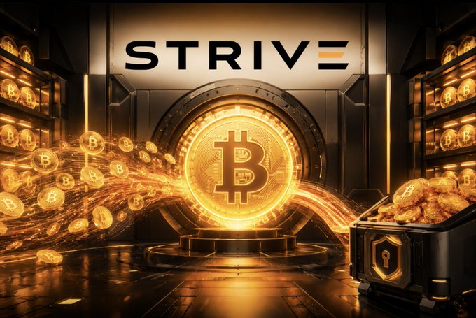 A promotional graphic with the word 'STRIVE' at the top, showing a large glowing Bitcoin symbol in a vault with gold coins flowing out and a treasure chest overflowing with Bitcoin coins.