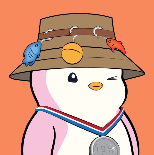 A cartoon illustration of a pink penguin wearing a brown hat decorated with a fish, ball, and shrimp, winking and wearing a silver medal.