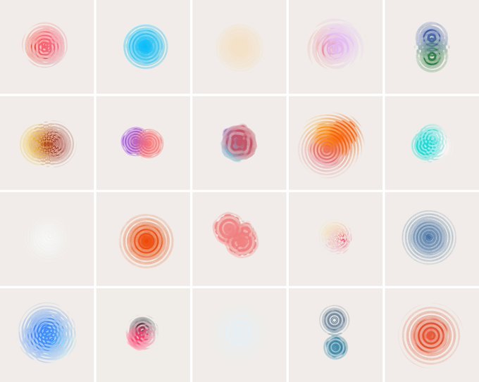 A 4x5 grid of colorful abstract circular and spiral patterns in various colors including red, blue, yellow, purple, green, and pink against light gray backgrounds.