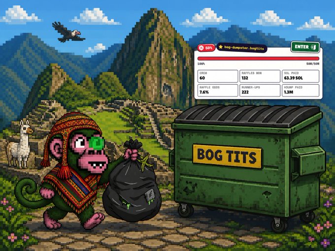 A pixel-art style digital artwork featuring a monkey in Andean clothing holding a trash bag labeled 'BOG TITS,' standing next to a green dumpster with a Machu Picchu landscape and a performance dashboard ('bug-dumpster.logistics') in the background.