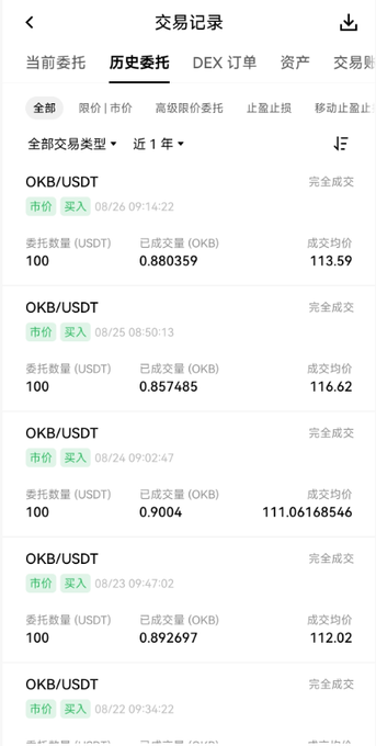 A Chinese-language cryptocurrency trading history screen showing completed OKB/USDT market buy orders from August 2022, with columns for transaction amounts, quantities, and average prices.