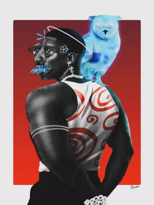 A digital illustration of a figure with two faces looking in different directions, wearing a halo and flower earring, with a blue owl perched on their shoulder and "ARTIST OF THE WEEK" text on their cheek, set against a red background.