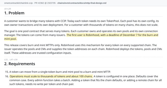 A technical document titled 'smartcontract/chainlink-ccip - PR #2362' outlining a 'Problem' and 'Requirements' for a customer wanting to bridge many tokens with CCIP, specifically mentioning a deadline of 'December 7' for Robinhood.