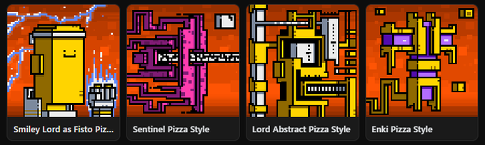 Four pixel-art style character designs are displayed in orange frames with labels: 'Smiley Lord as Fisto Pi...', 'Sentinel Pizza Style', 'Lord Abstract Pizza Style', and 'Enki Pizza Style'.