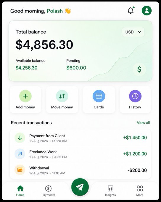 A financial app dashboard displays a greeting "Good morning, Polash" with a total balance of $4,856.30 USD, available balance of $4,256.30, and pending amount of $600.00, alongside recent transactions including a $1,450 payment from a client, $1,200 freelance work, and a $200 withdrawal. The image serves as visual "proof" of a large balance to lend credibility to the scam post offering to "share" 500 USD each with 20 participants—a classic giveaway fraud that exploits such screenshots to lure victims into sharing personal wallet addresses.