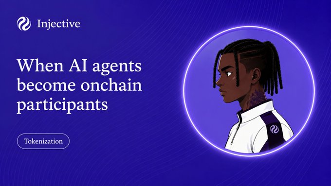 An Injective cryptocurrency promotional banner reading 'When AI agents become onchain participants' with a 'Tokenization' button and an illustrated character in a circular frame.