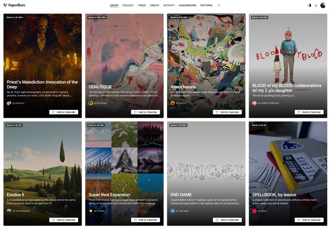 A SuperRare NFT marketplace webpage displays a grid of digital art collections including titles like 'Priest's Malediction', 'OBAUSQUE', 'American Dream', 'BLOOD BLOOD BLOOD', 'Exodus II', 'Super Real Expansion', 'END GAME', and 'SPELLBOOK'.