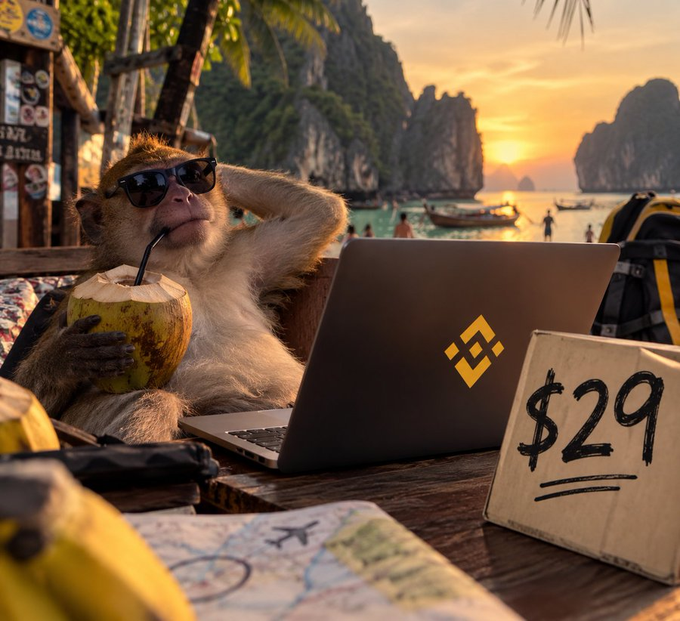 A digitally created image of a monkey wearing sunglasses relaxing on a beach at sunset, drinking from a coconut while using a laptop displaying the Binance logo, with a sign showing '$29' in the foreground.