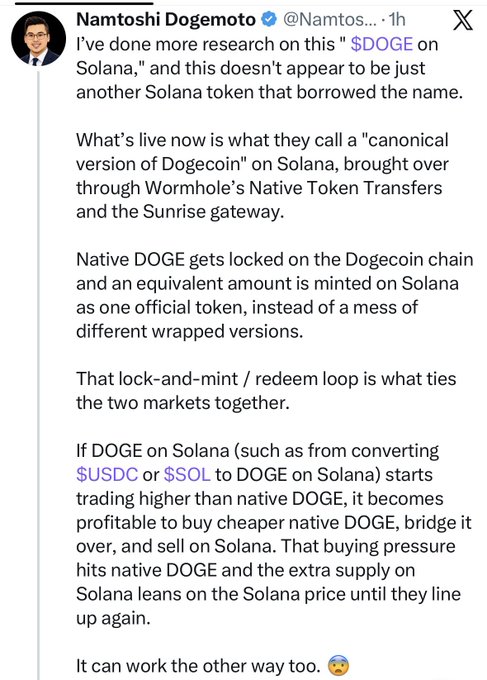 A X post by Namtoshi Dogemoto explaining the mechanics of the official Dogecoin (DOGE) on Solana, detailing how Wormhole's Native Token Transfers and Sunrise gateway create a lock-and-mint bridge that ties the two markets together.