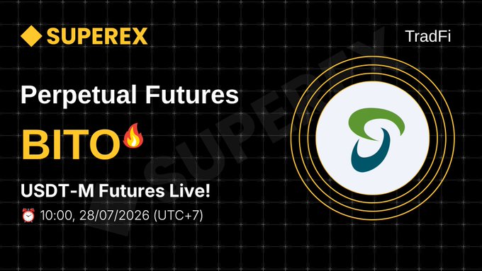 A promotional graphic for SUPEREX TradFi announcing the launch of Perpetual Futures for BITO (USDT-M Futures) on July 28, 2026, featuring the token's green logo.