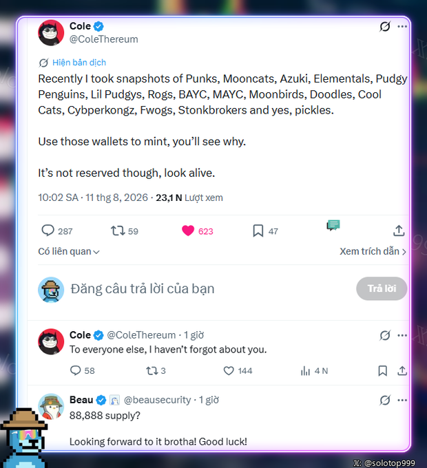 A screenshot of a tweet by 'Cole' (@ColeThereum) mentioning snapshots of various NFTs including Punks, Mooncats, and Azuki, and instructing followers to 'Use those wallets to mint'.