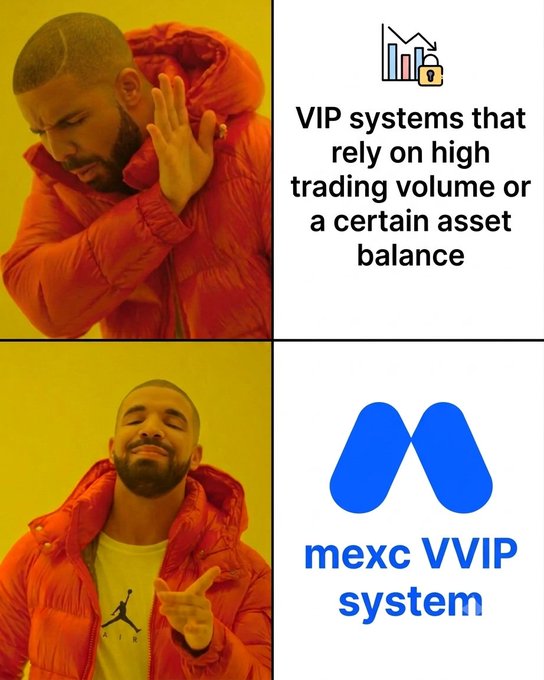 A Drake meme contrasts 'VIP systems that rely on high trading volume or a certain asset balance' (rejecting) with the 'mexc VVIP system' (approving).