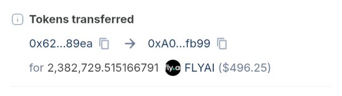 A cryptocurrency transaction confirmation showing tokens transferred from address 0x62...89ea to 0xA0...fb99 for 2,382,729.515166791 FLYAI tokens valued at $496.25.