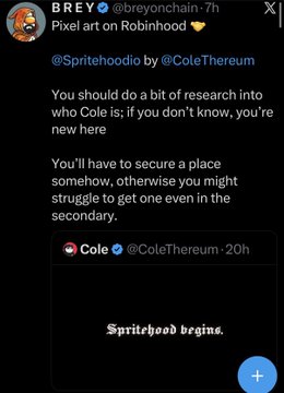 Twitter/X post by BREY (@breyonchain) dated 7h ago quoting @ColeTherem about 'Spritehood' and research, quoting Cole's reply stating 'Spritehood begins.'
