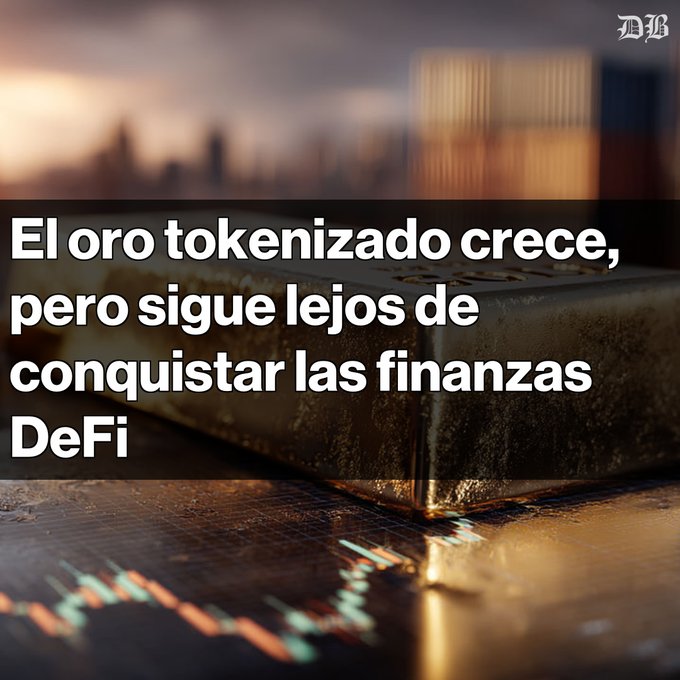 A news graphic with a gold bar and trading charts background, displaying the Spanish headline "El oro tokenizado crece, pero sigue lejos de conquistar las finanzas DeFi" with a "DB" logo.