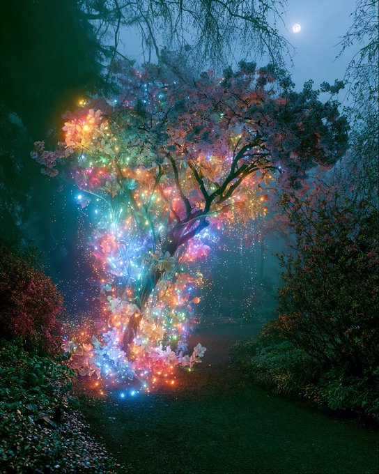 A magical nighttime scene of a tree glowing with multicolored fairy lights and pink blossoms under a full moon.