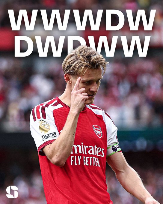 Arsenal captain Martin Ødegaard stands in a red and white home kit with the "Emirates Fly Better" sponsor visible, raising two fingers beside his head in celebration. Above him, large text reads "WWWDW DWDWW," highlighting Arsenal's impressive ten-match unbeaten streak against Chelsea in the Premier League.