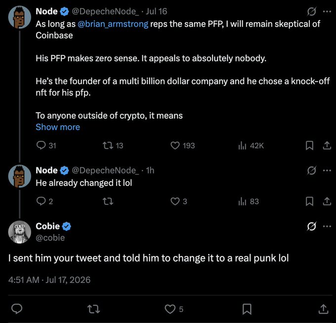 A screenshot of a Twitter exchange where @DepecheNode criticizes Brian Armstrong's profile picture as a knock-off NFT, prompting @cobie to respond that he sent the tweet to Armstrong, who then changed his PFP to a real CryptoPunk.
