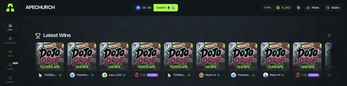 Screenshot of the ApeChurch website showing a 'Latest Wins' section with multiple 'DOZO DROP' game cards displaying various win amounts, alongside a 56.68 Cashier balance and 9,942 coins.