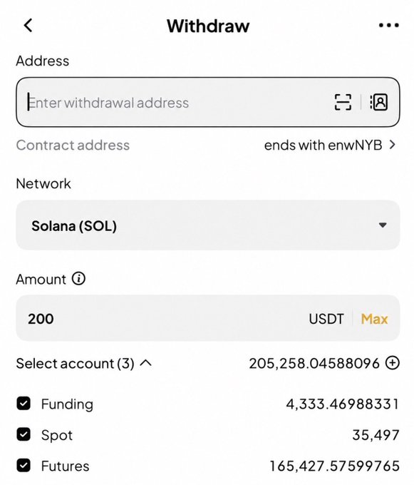 A "Withdraw" screen showing a Solana (SOL) network transfer of 200 USDT with a total balance of 205,258.04588096 USDT across Funding, Spot, and Futures accounts. The empty "Enter withdrawal address" field directly relates to the post's call to action, where the user is prompting followers to drop their Solana addresses to receive the giveaway.