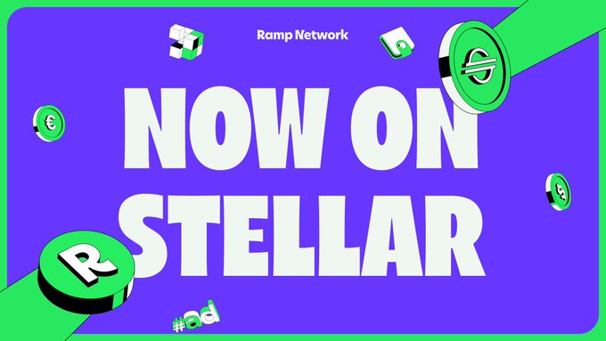 A promotional graphic with a purple background reading 'Ramp Network NOW ON STELLAR', featuring floating green 3D cryptocurrency coins.