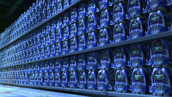 Shelves are stocked with rows of blue 'Buzz Lightyear' toy packages, appearing to be in a warehouse or retail storage area.